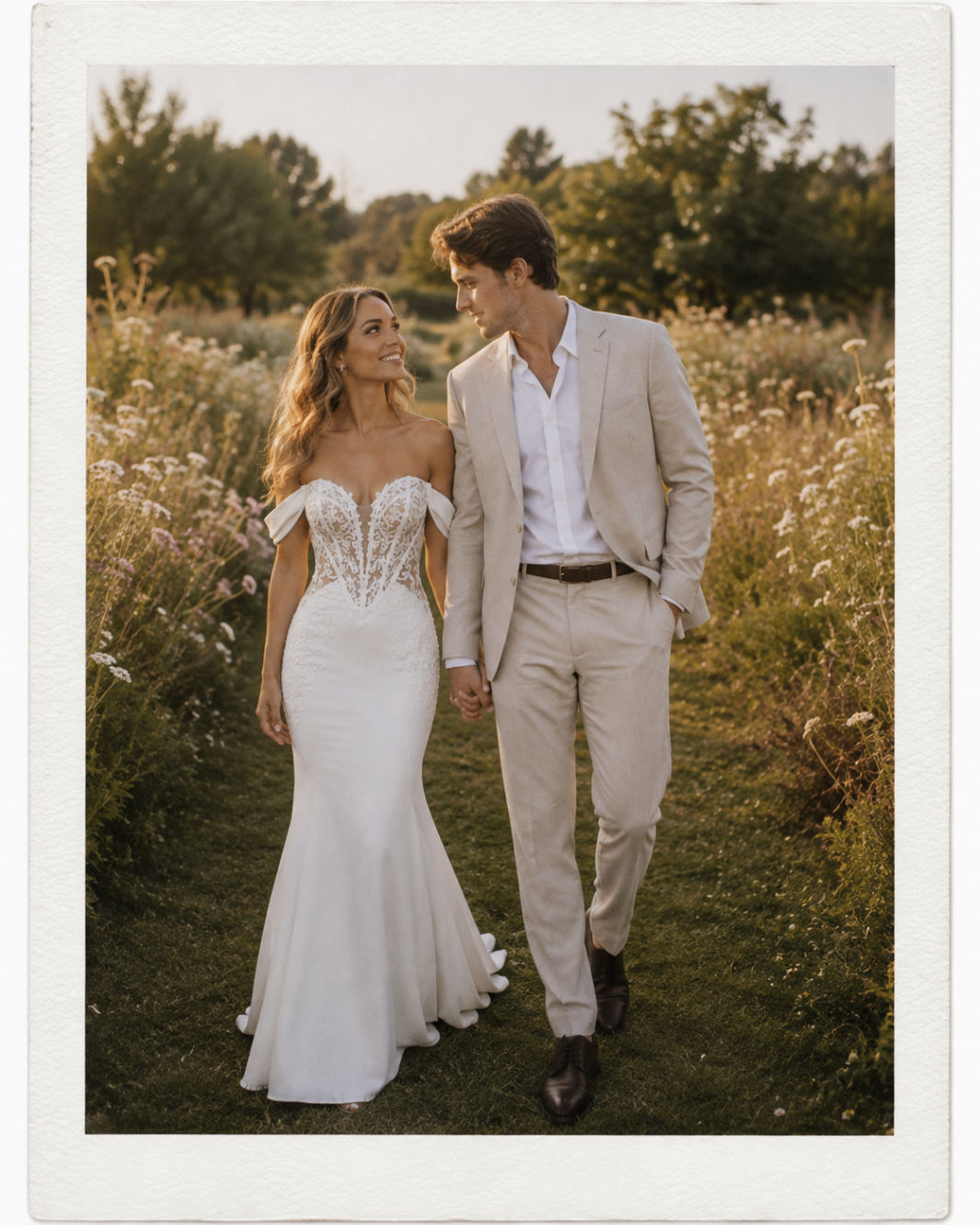 Amara and Isiah walking through a wildflower meadow at golden hour